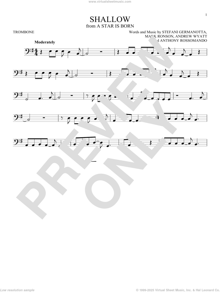 Shallow (from A Star Is Born) sheet music for trombone solo by Lady Gaga & Bradley Cooper, Andrew Wyatt, Anthony Rossomando, Lady Gaga and Mark Ronson, intermediate skill level