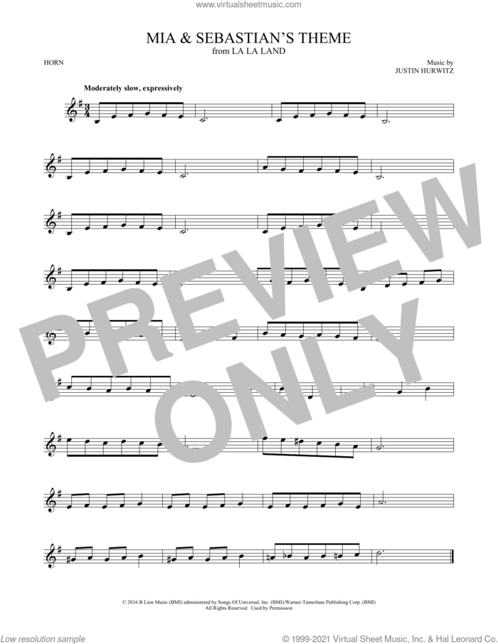 Mia and Sebastian's Theme (from La La Land) sheet music for horn solo by Justin Hurwitz, intermediate skill level