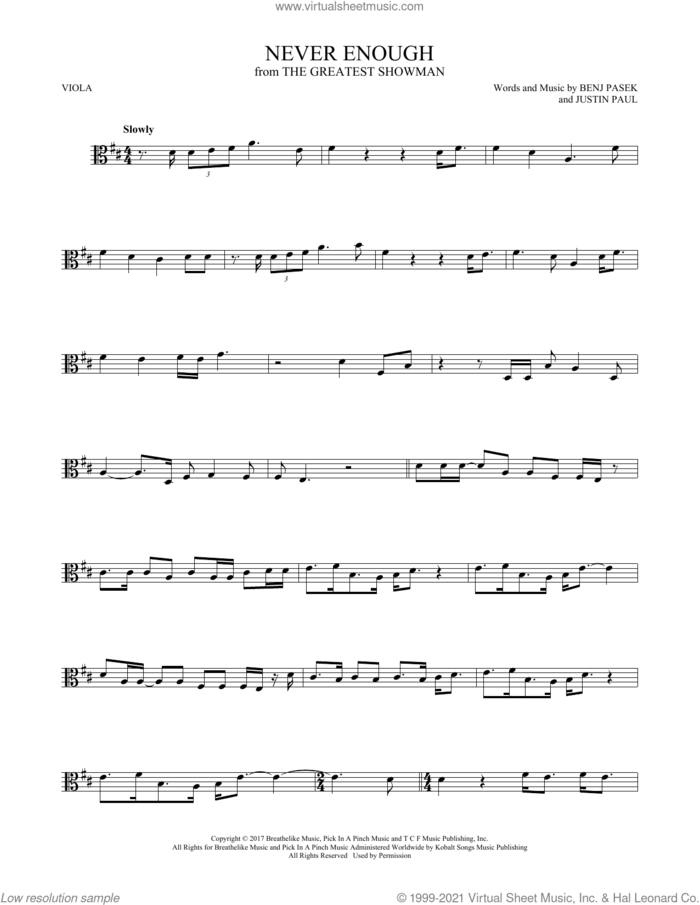 Never Enough (from The Greatest Showman) sheet music for viola solo by Pasek & Paul, Benj Pasek and Justin Paul, intermediate skill level