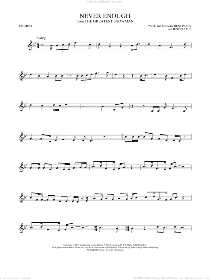 Never Enough (from The Greatest Showman) sheet music for trumpet solo by Pasek & Paul, Benj Pasek and Justin Paul, intermediate skill level