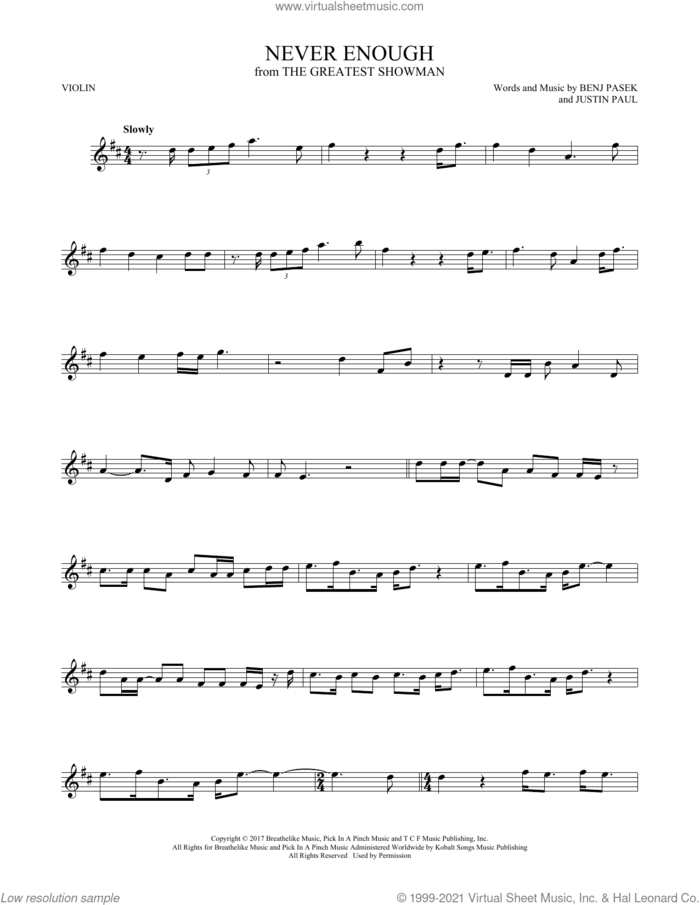 Never Enough (from The Greatest Showman) sheet music for violin solo by Pasek & Paul, Benj Pasek and Justin Paul, intermediate skill level