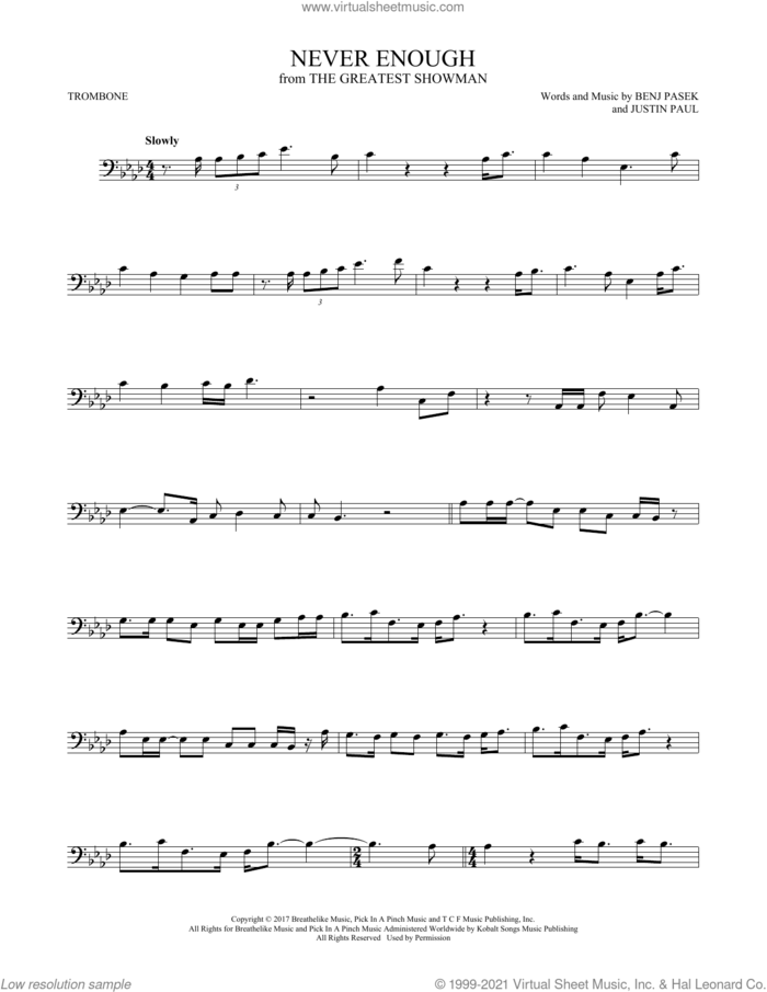 Never Enough (from The Greatest Showman) sheet music for trombone solo by Pasek & Paul, Benj Pasek and Justin Paul, intermediate skill level