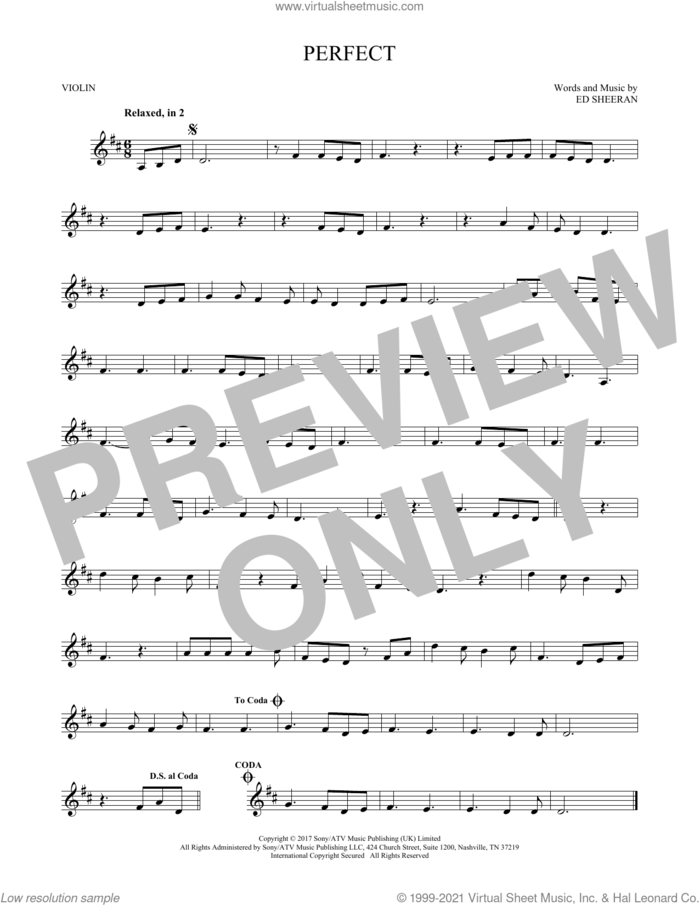 Perfect sheet music for violin solo by Ed Sheeran, intermediate skill level