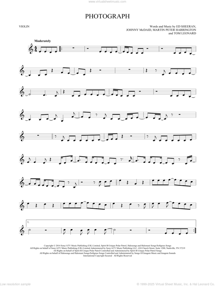 Photograph sheet music for violin solo by Ed Sheeran, Johnny McDaid, Martin Peter Harrington and Tom Leonard, intermediate skill level