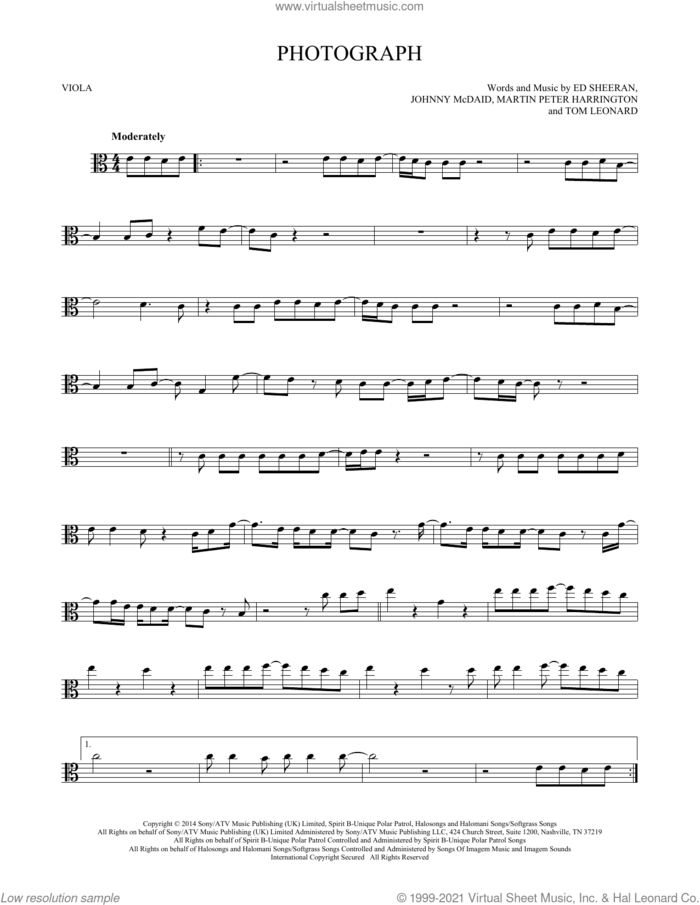 Photograph sheet music for viola solo by Ed Sheeran, Johnny McDaid, Martin Peter Harrington and Tom Leonard, intermediate skill level