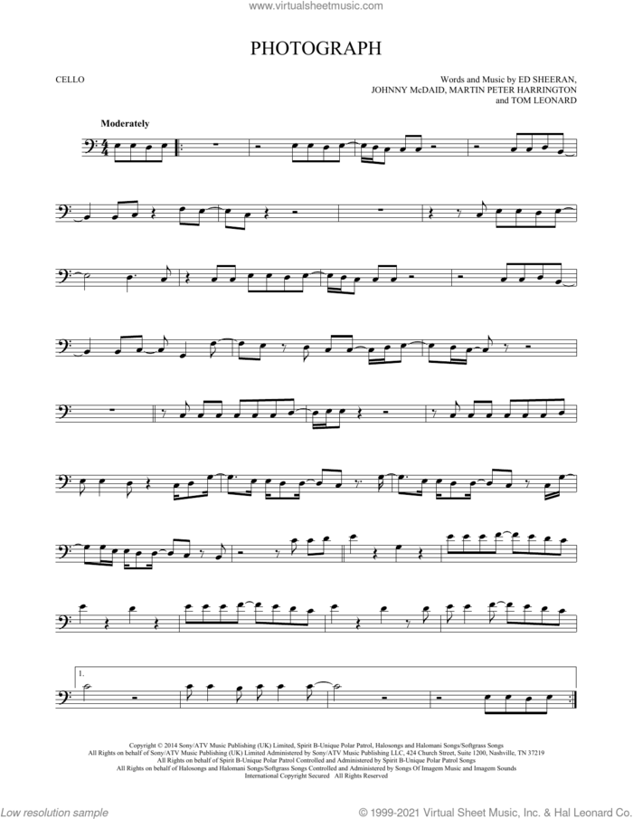 Photograph sheet music for cello solo by Ed Sheeran, Johnny McDaid, Martin Peter Harrington and Tom Leonard, intermediate skill level
