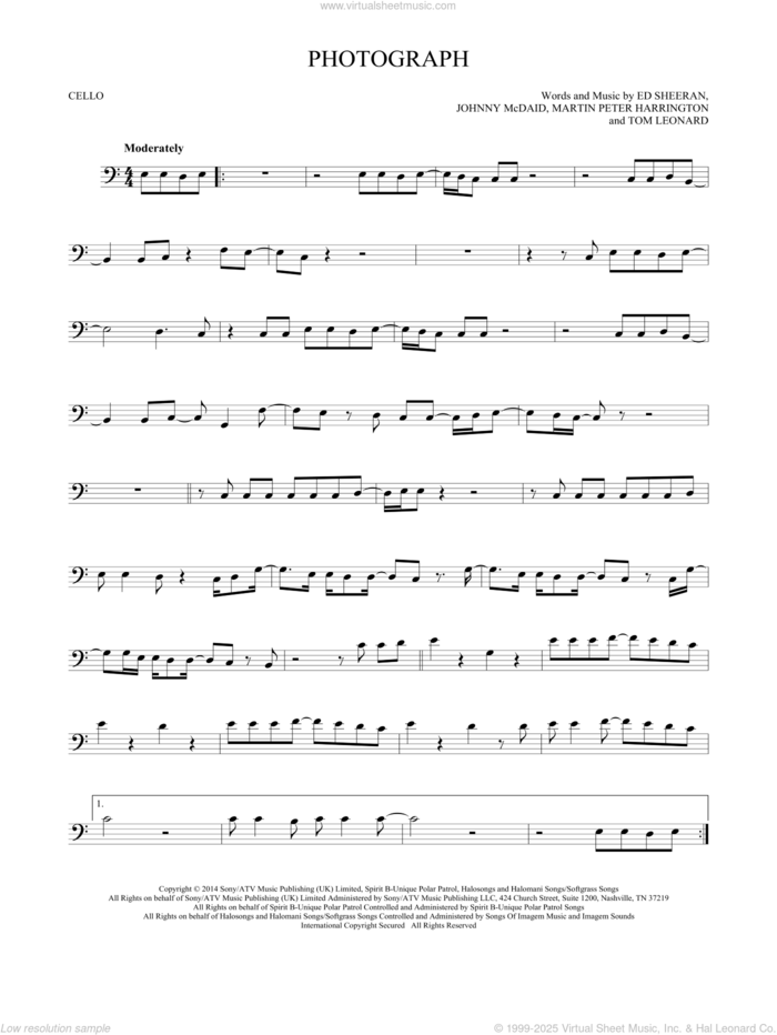 Photograph sheet music for cello solo by Ed Sheeran, Johnny McDaid, Martin Peter Harrington and Tom Leonard, intermediate skill level