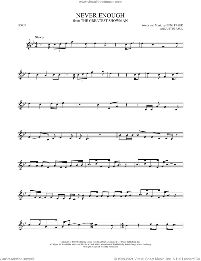 Never Enough (from The Greatest Showman) sheet music for horn solo by Pasek & Paul, Benj Pasek and Justin Paul, intermediate skill level