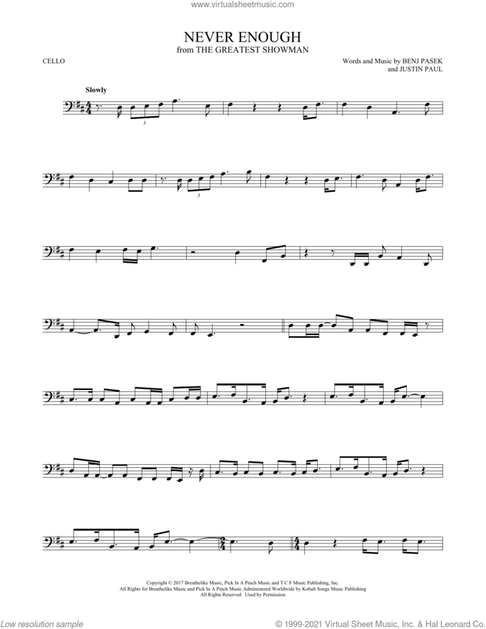 Never Enough (from The Greatest Showman) sheet music for cello solo by Pasek & Paul, Benj Pasek and Justin Paul, intermediate skill level
