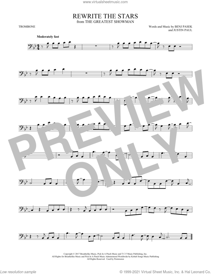 Rewrite The Stars (from The Greatest Showman) sheet music for trombone solo by Pasek & Paul, Benj Pasek and Justin Paul, intermediate skill level