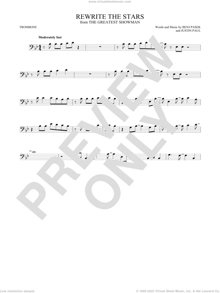 Rewrite The Stars (from The Greatest Showman) sheet music for trombone solo by Pasek & Paul, Benj Pasek and Justin Paul, intermediate skill level