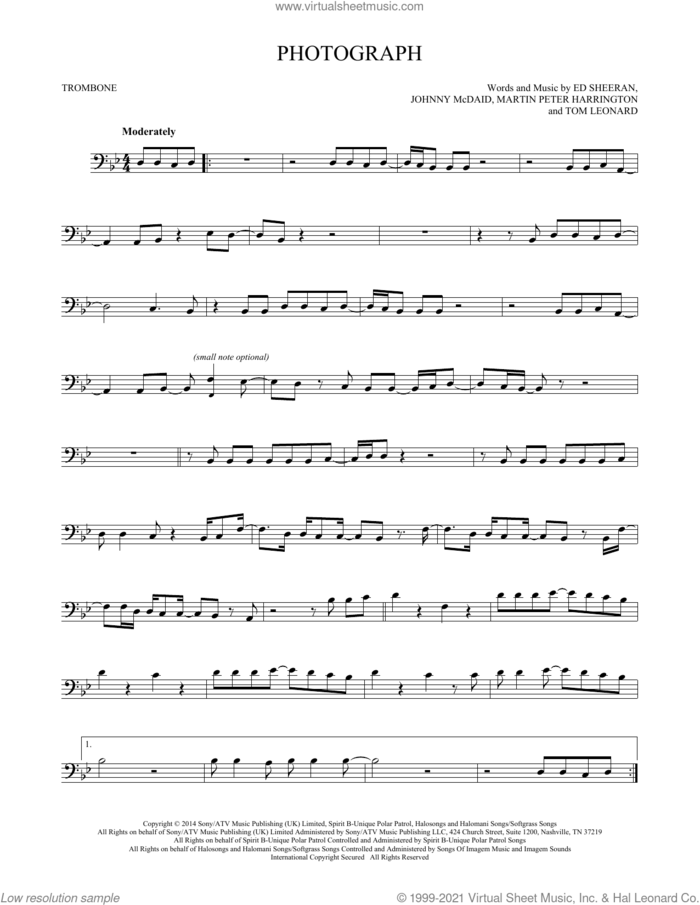 Photograph sheet music for trombone solo by Ed Sheeran, Johnny McDaid, Martin Peter Harrington and Tom Leonard, intermediate skill level