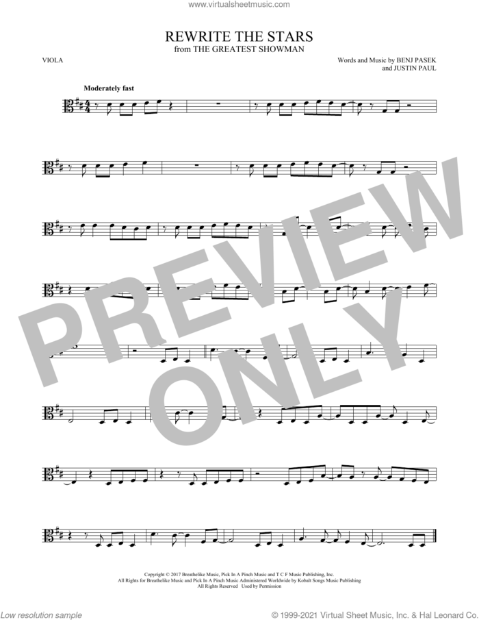Rewrite The Stars (from The Greatest Showman) sheet music for viola solo by Pasek & Paul, Benj Pasek and Justin Paul, intermediate skill level