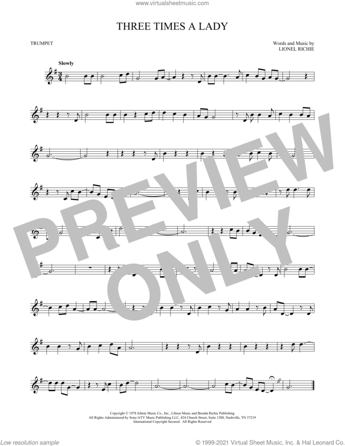 Three Times A Lady sheet music for trumpet solo by Lionel Richie and The Commodores, intermediate skill level