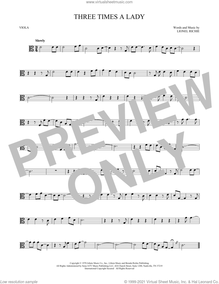 Three Times A Lady sheet music for viola solo by Lionel Richie and The Commodores, intermediate skill level