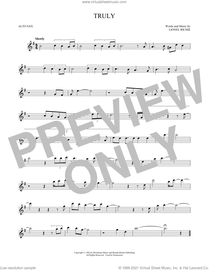 Truly sheet music for alto saxophone solo by Lionel Richie, intermediate skill level
