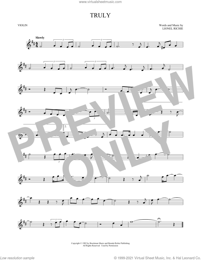 Truly sheet music for violin solo by Lionel Richie, intermediate skill level