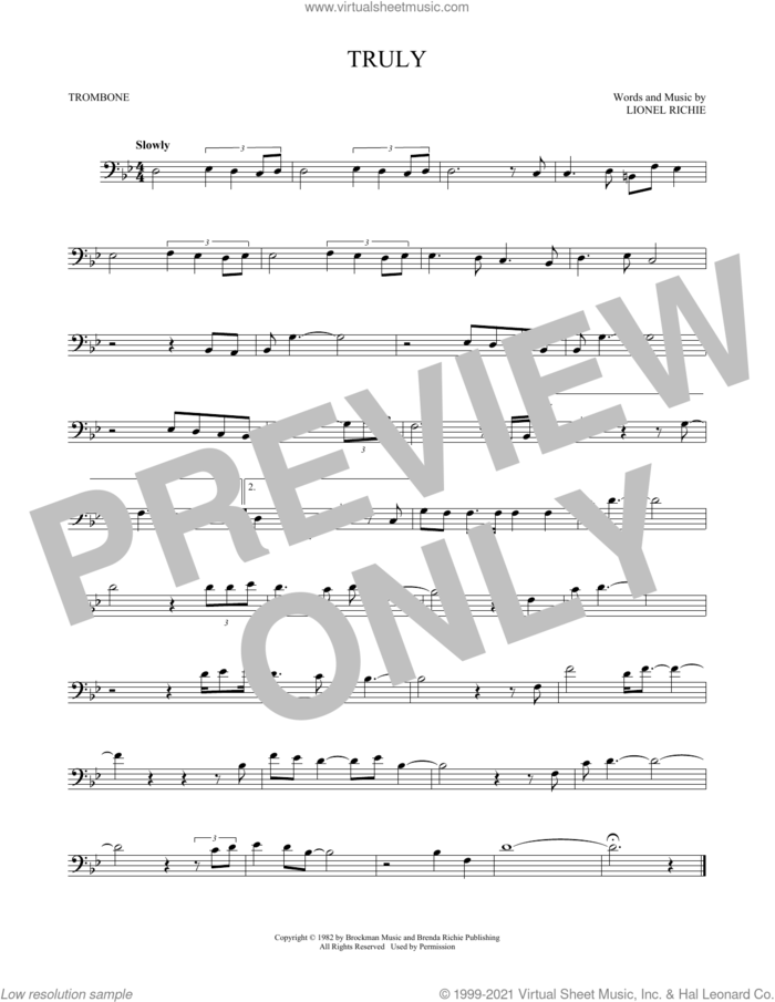 Truly sheet music for trombone solo by Lionel Richie, intermediate skill level