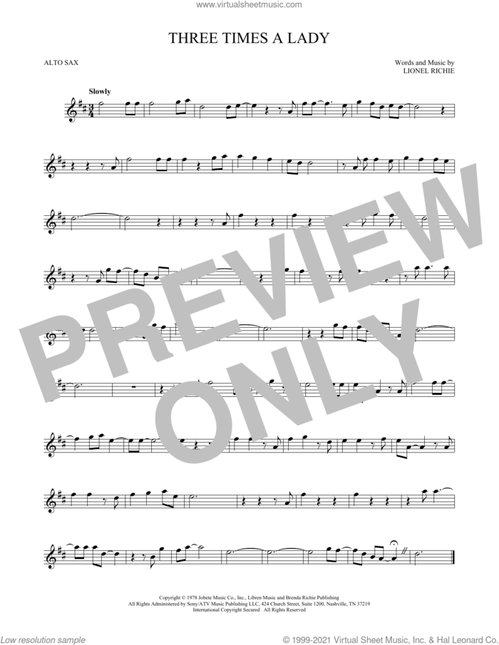 Three Times A Lady sheet music for alto saxophone solo by Lionel Richie and The Commodores, intermediate skill level
