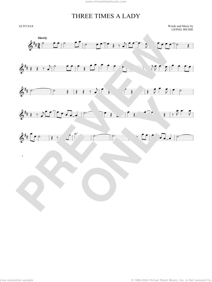 Three Times A Lady sheet music for alto saxophone solo by Lionel Richie and The Commodores, intermediate skill level