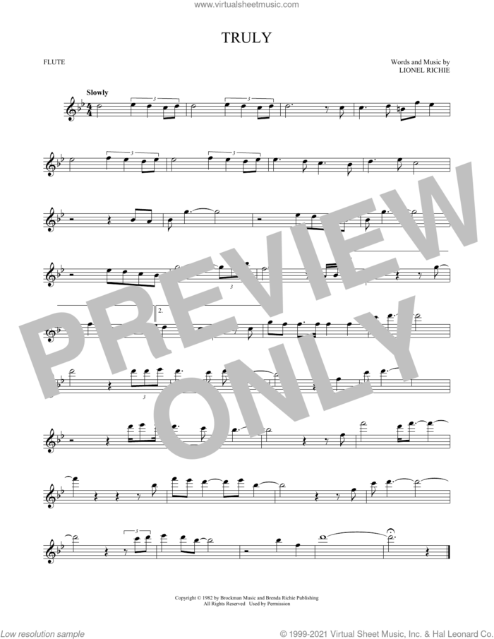 Truly sheet music for flute solo by Lionel Richie, intermediate skill level