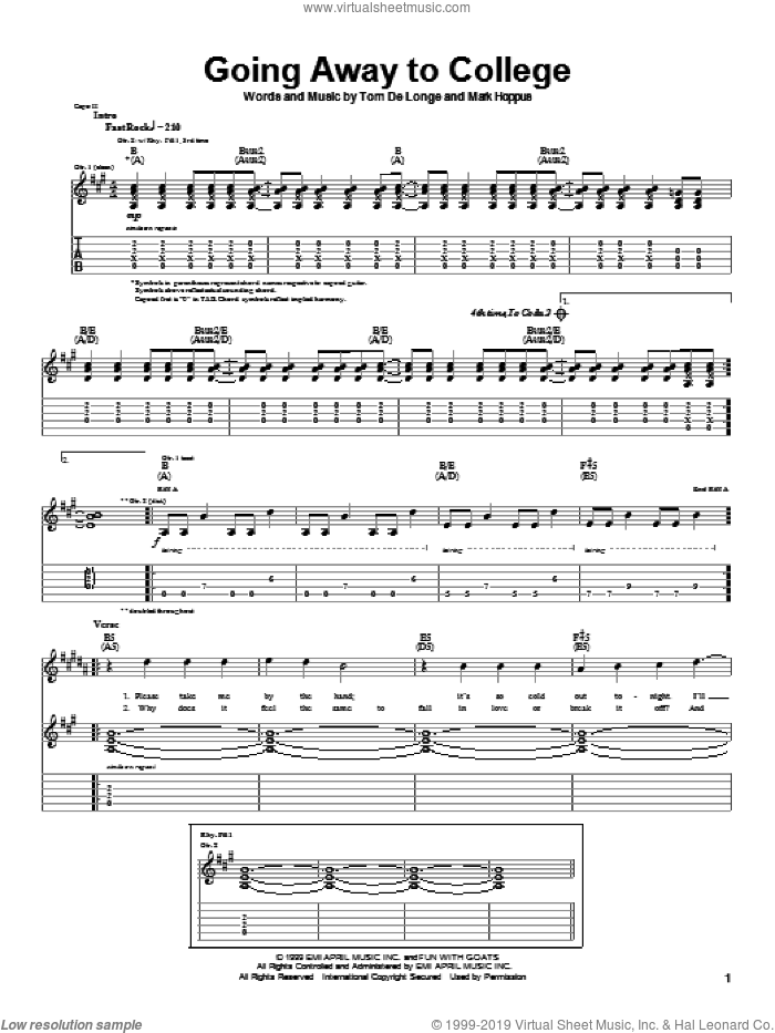 Going Away To College sheet music for guitar (tablature) by Blink-182, Mark Hoppus and Tom DeLonge, intermediate skill level