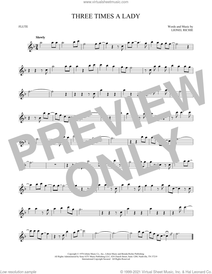 Three Times A Lady sheet music for flute solo by Lionel Richie and The Commodores, intermediate skill level