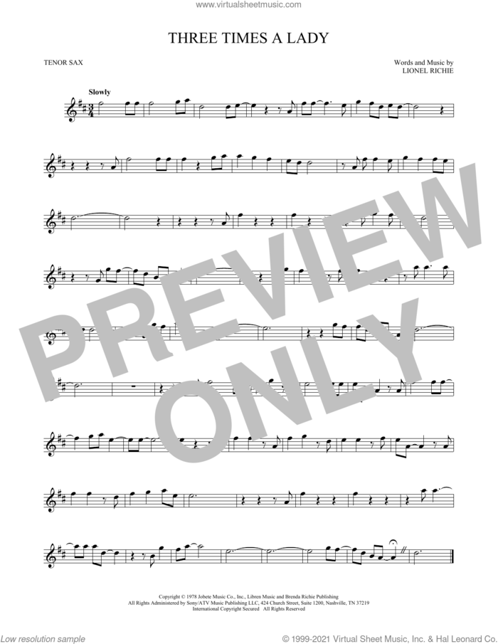 Three Times A Lady sheet music for tenor saxophone solo by Lionel Richie and The Commodores, intermediate skill level