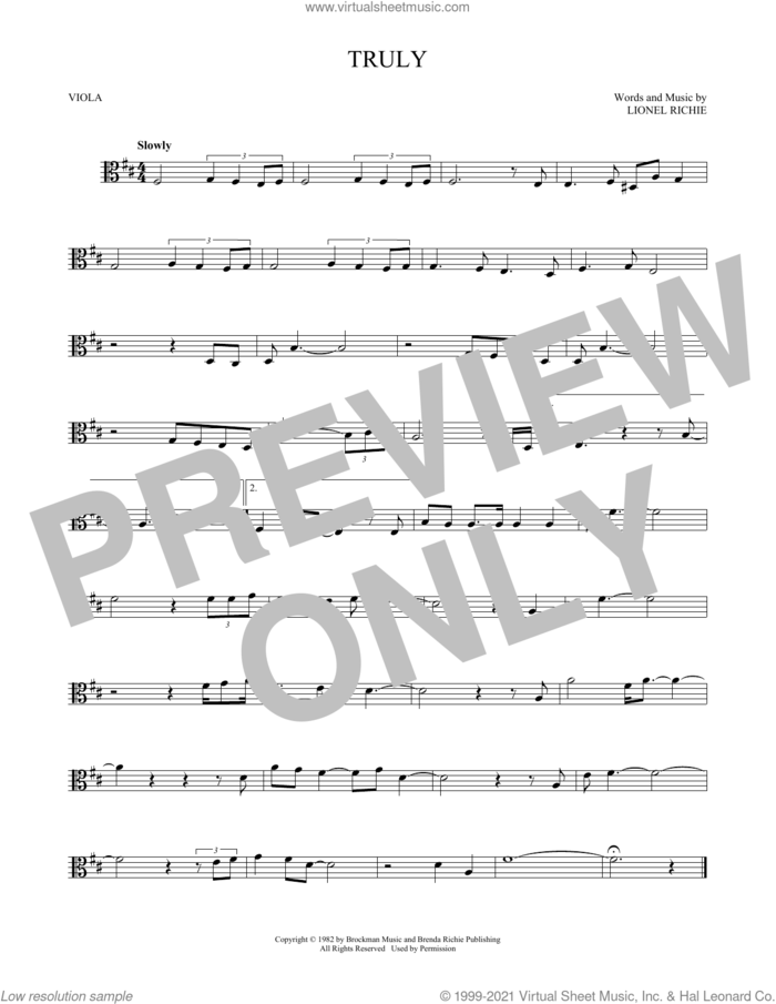Truly sheet music for viola solo by Lionel Richie, intermediate skill level