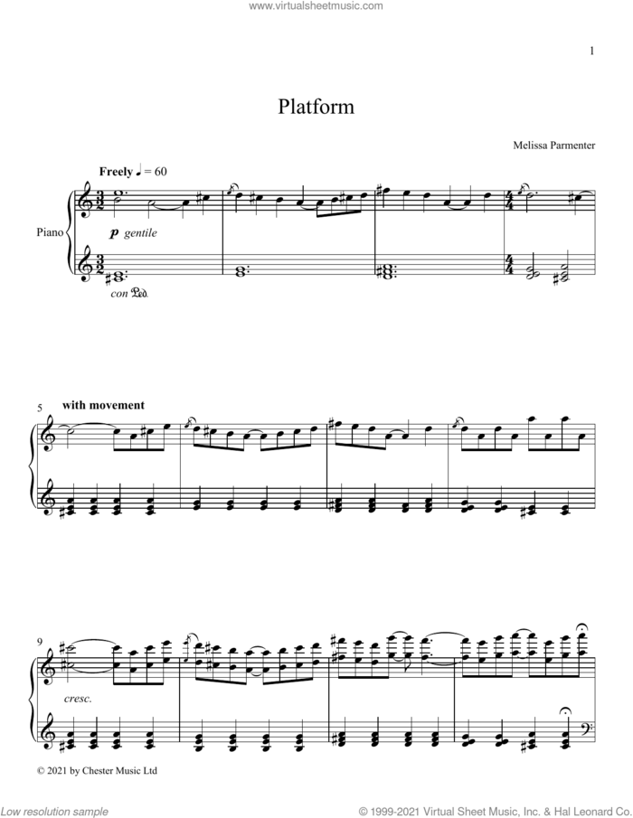 Platform sheet music for piano solo by Melissa Parmenter, classical score, intermediate skill level