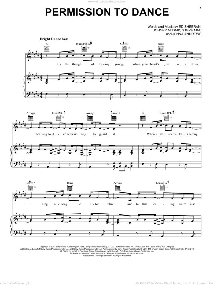 Permission To Dance sheet music for voice, piano or guitar by BTS, Ed Sheeran, Jenna Andrews, Johnny McDaid and Steve Mac, intermediate skill level