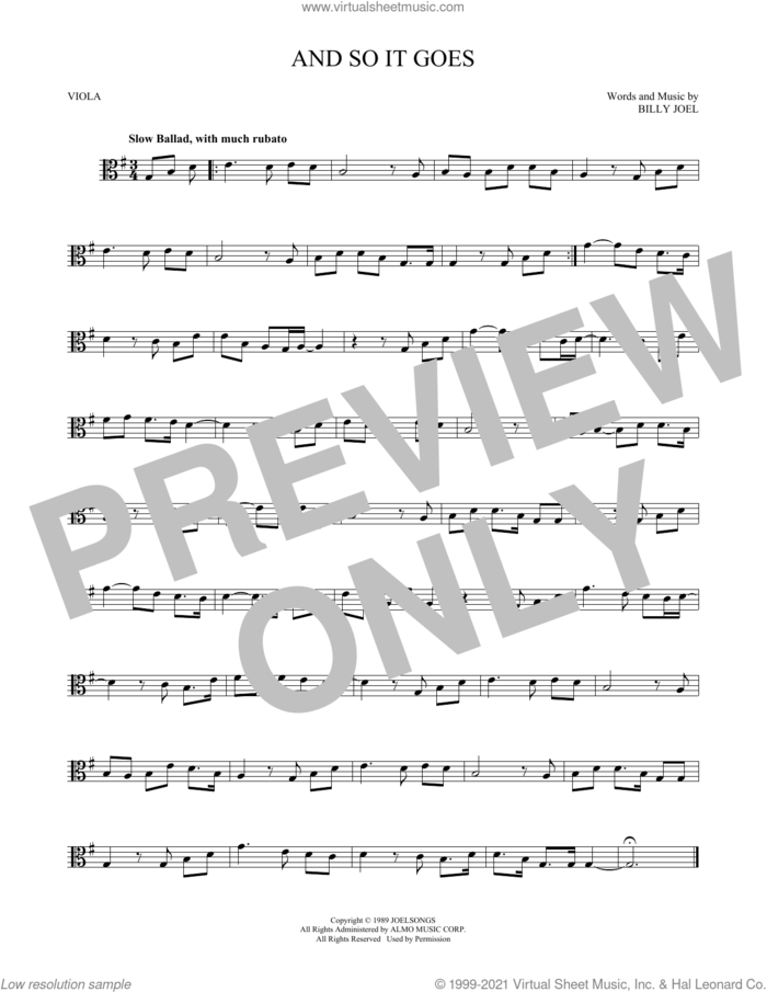 And So It Goes sheet music for viola solo by Billy Joel, intermediate skill level