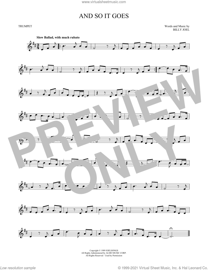 And So It Goes sheet music for trumpet solo by Billy Joel, intermediate skill level