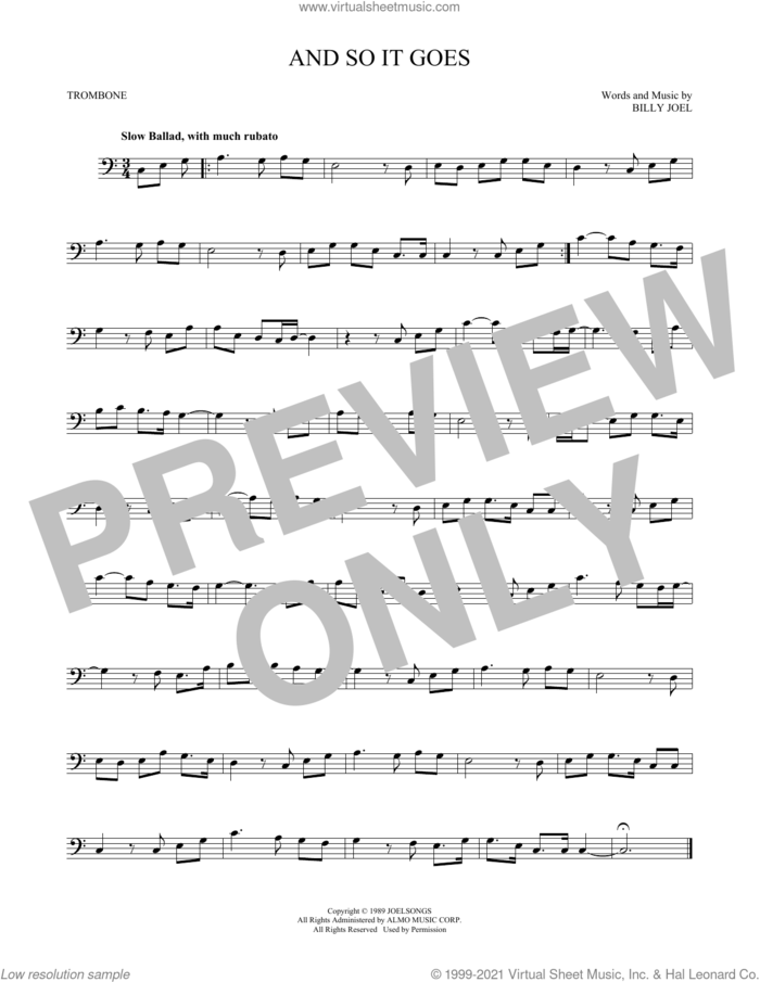 And So It Goes sheet music for trombone solo by Billy Joel, intermediate skill level