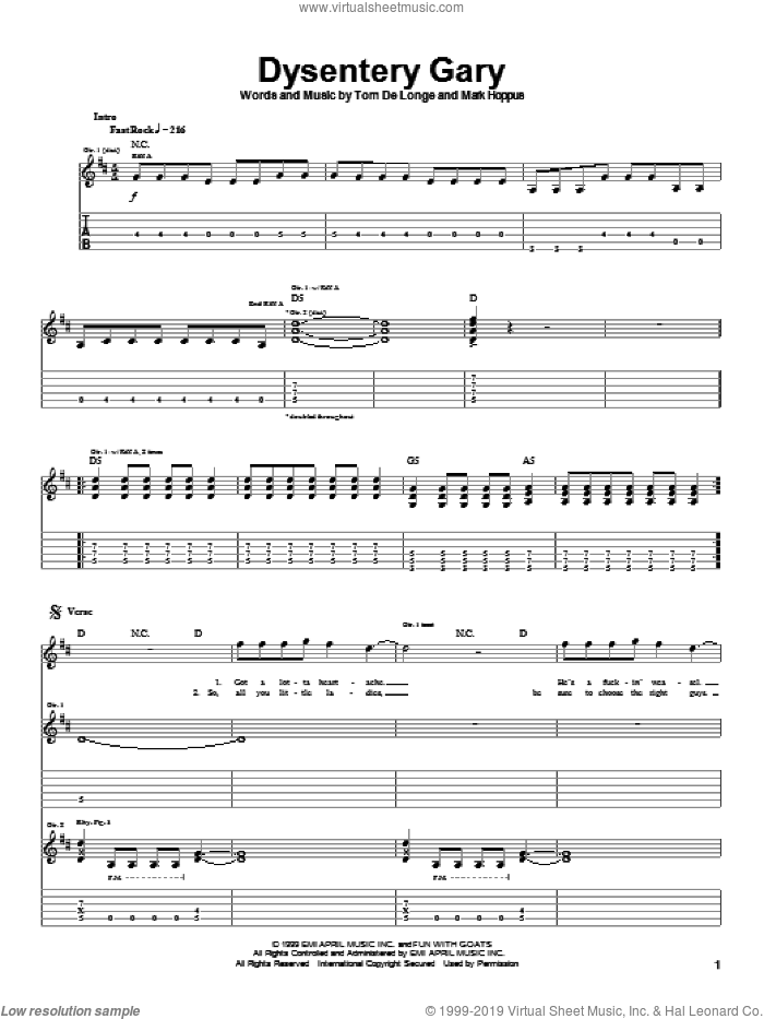 Dysentery Gary sheet music for guitar (tablature) by Blink-182, Mark Hoppus and Tom DeLonge, intermediate skill level