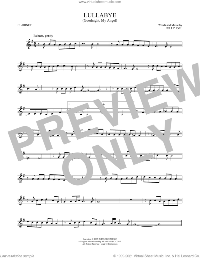 Lullabye (Goodnight, My Angel) sheet music for clarinet solo by Billy Joel, intermediate skill level