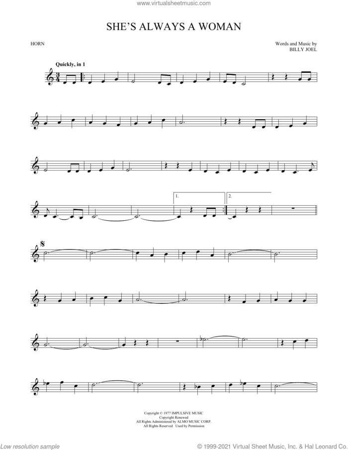 She's Always A Woman sheet music for horn solo by Billy Joel, intermediate skill level
