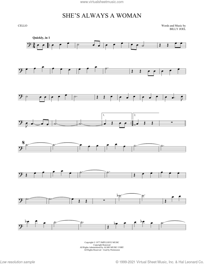She's Always A Woman sheet music for cello solo by Billy Joel, intermediate skill level