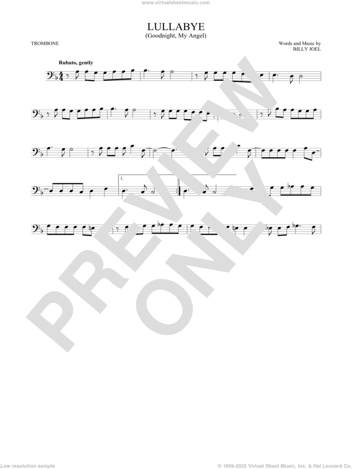 Lullabye (Goodnight, My Angel) sheet music for trombone solo by Billy Joel, intermediate skill level