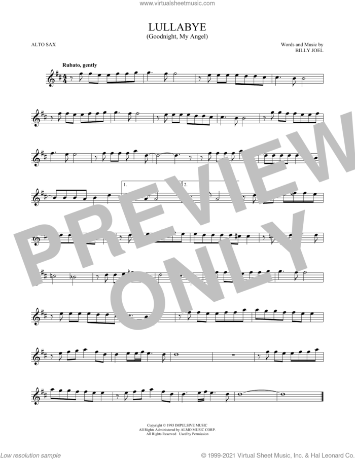 Lullabye (Goodnight, My Angel) sheet music for alto saxophone solo by Billy Joel, intermediate skill level
