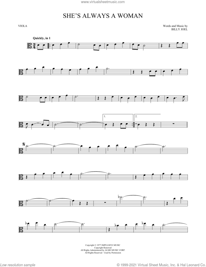 She's Always A Woman sheet music for viola solo by Billy Joel, intermediate skill level