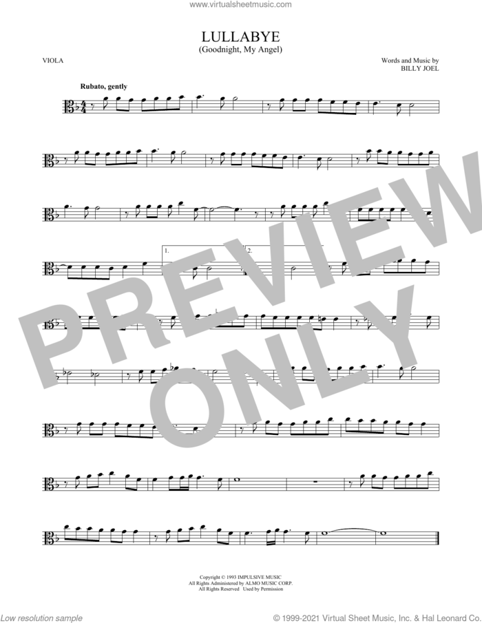 Lullabye (Goodnight, My Angel) sheet music for viola solo by Billy Joel, intermediate skill level
