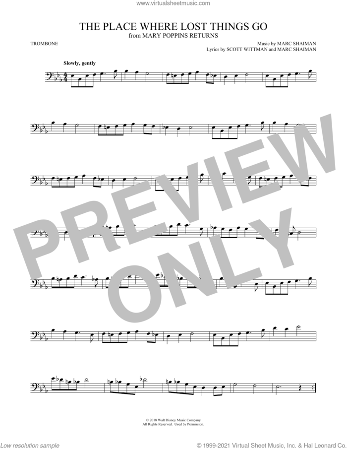 The Place Where Lost Things Go (from Mary Poppins Returns) sheet music for trombone solo by Emily Blunt, Marc Shaiman and Scott Wittman, intermediate skill level