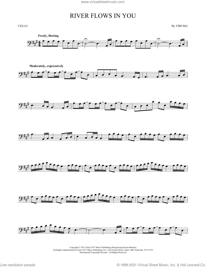 River Flows In You sheet music for cello solo by Yiruma, intermediate skill level