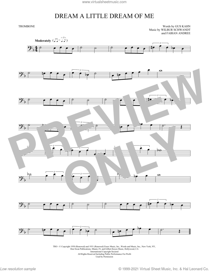 Dream A Little Dream Of Me sheet music for trombone solo by The Mamas & The Papas, Fabian Andree, Gus Kahn and Wilbur Schwandt, intermediate skill level