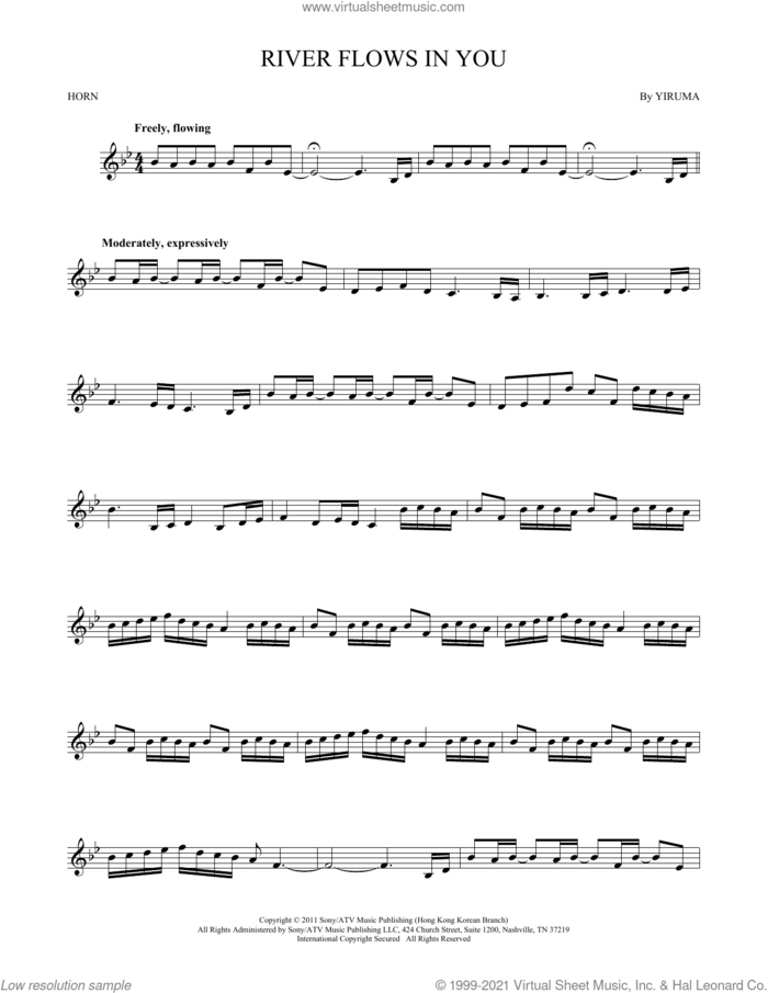 River Flows In You sheet music for horn solo by Yiruma, intermediate skill level