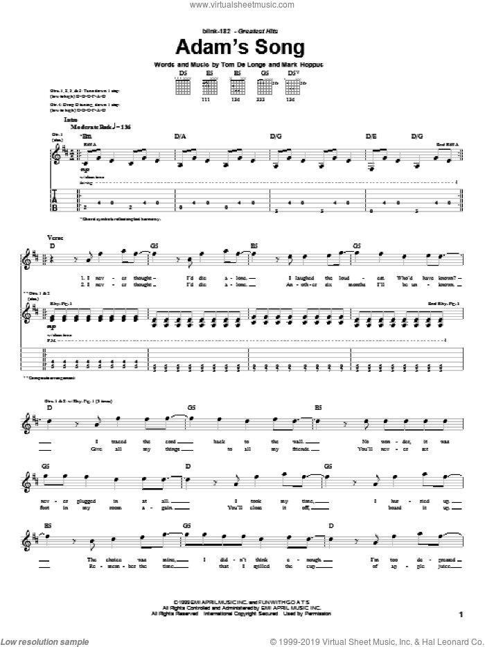Adam's Song sheet music for guitar (tablature) by Blink-182, Mark Hoppus and Tom DeLonge, intermediate skill level