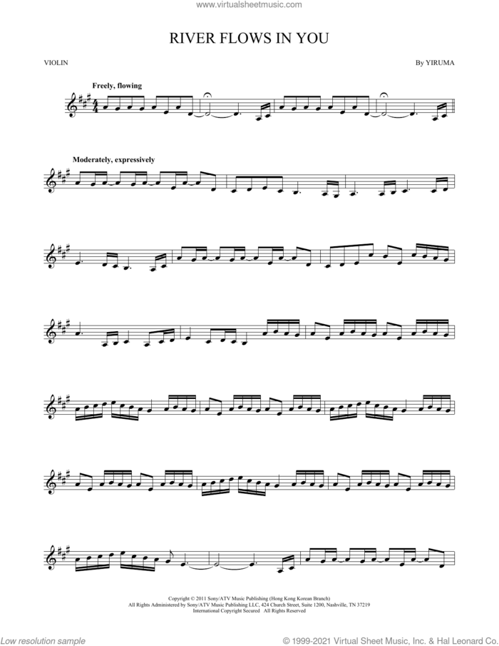 River Flows In You sheet music for violin solo by Yiruma, intermediate skill level