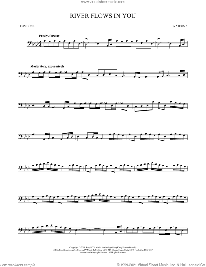 River Flows In You sheet music for trombone solo by Yiruma, intermediate skill level