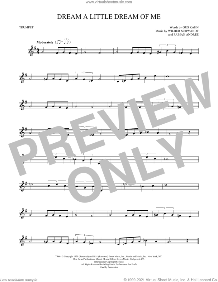 Dream A Little Dream Of Me sheet music for trumpet solo by The Mamas & The Papas, Fabian Andree, Gus Kahn and Wilbur Schwandt, intermediate skill level